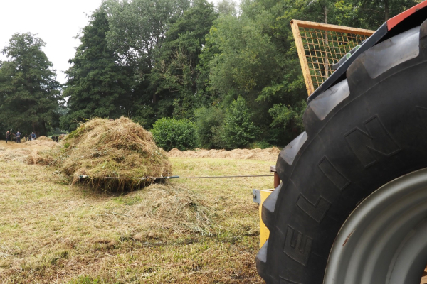 Een trekker trekt het hooi uit het hooiland